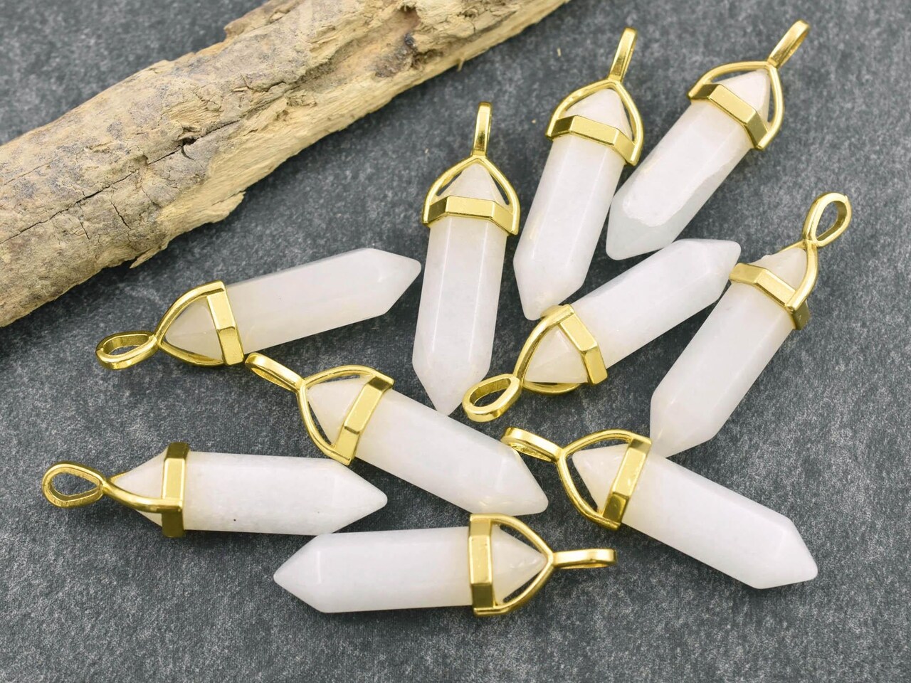 40mm Gold Tone Natural White Jade Double Terminated Bullet Pendant